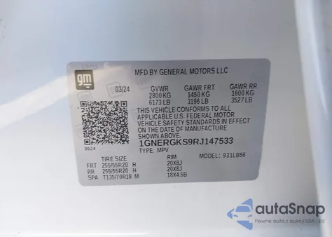 2024 Chevrolet Traverse Fwd Lt z USA, uszkodzony, nr VIN 1GNERGKS9RJ147533